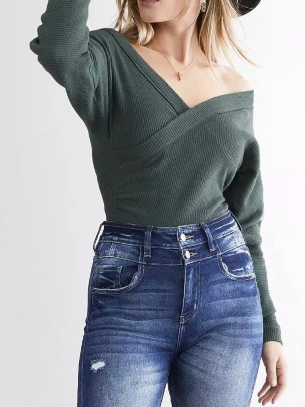 Free People Off-Shoulder ribbed  Waffle Forest Green body suit